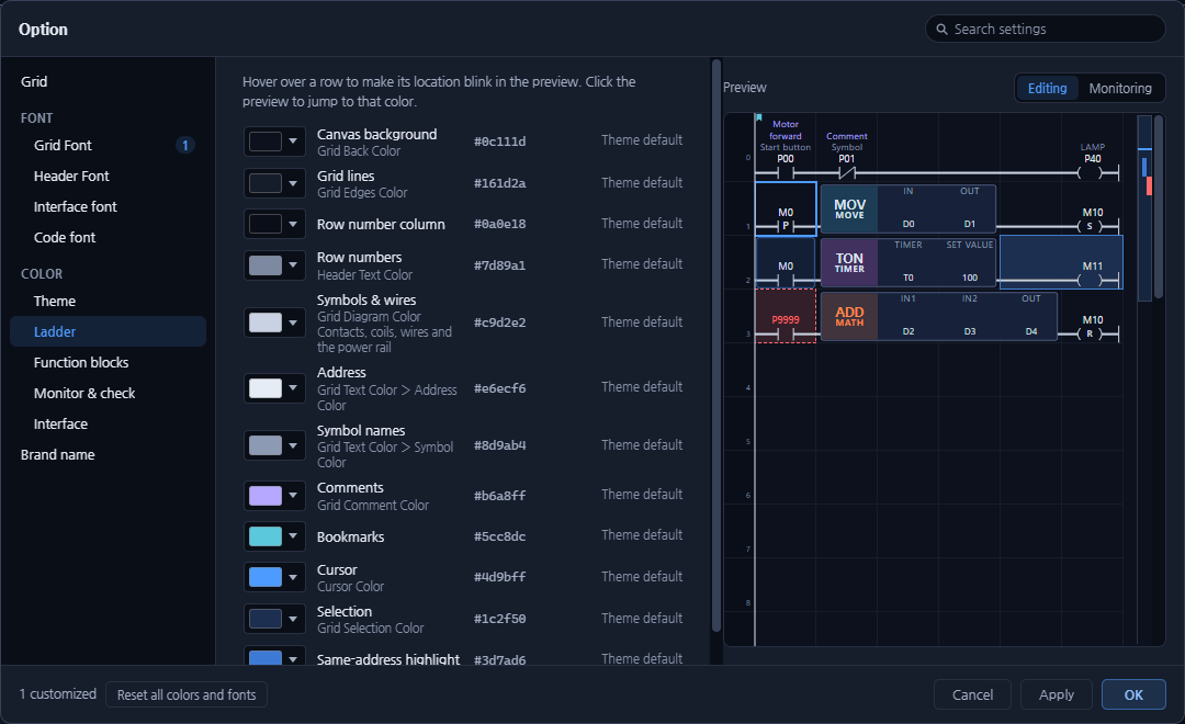 Figure 7. COLOR › Ladder settings and the preview 