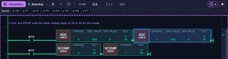 Figure 4. Virtual sensor cells (ADC and NTEMP) with a dotted pattern, and the virtual sensor button at the right end of the bar Figure 4. Virtual sensor cells (ADC and NTEMP) with a dotted pattern, and the virtual sensor button at the right end of the bar