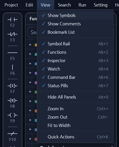 Figure 11. Panel items in the View menu Figure 11. Panel items in the View menu
