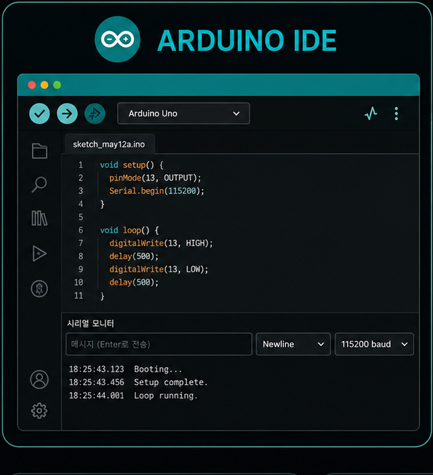 Arduino IDEでMPINO用スケッチを編集し、シリアルモニタで動作を確認している画面