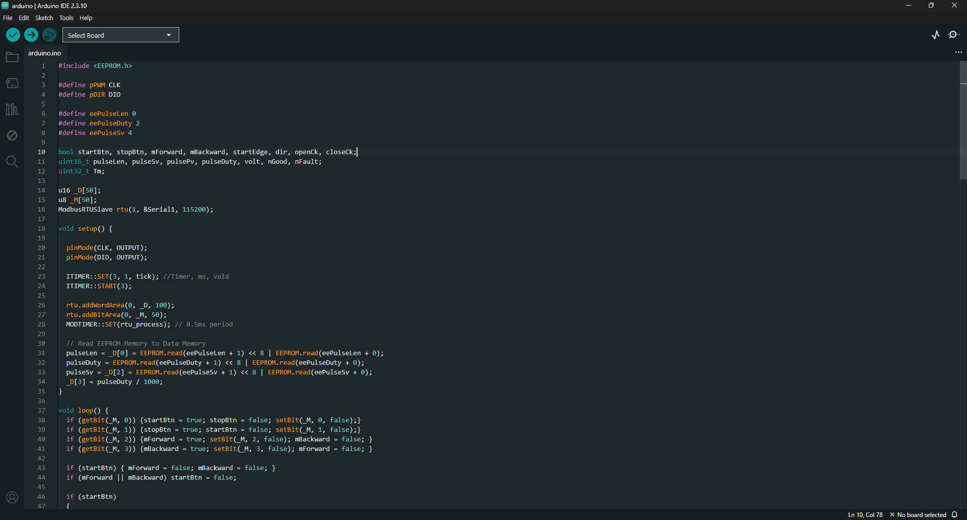 Arduino IDE application example showing its left sidebar and code editor