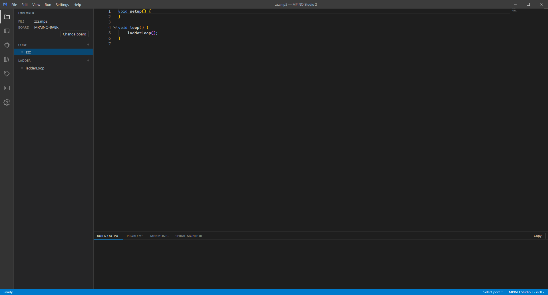 MPINO STUDIO 2 application example showing its left sidebar and Arduino C/C++ code editor