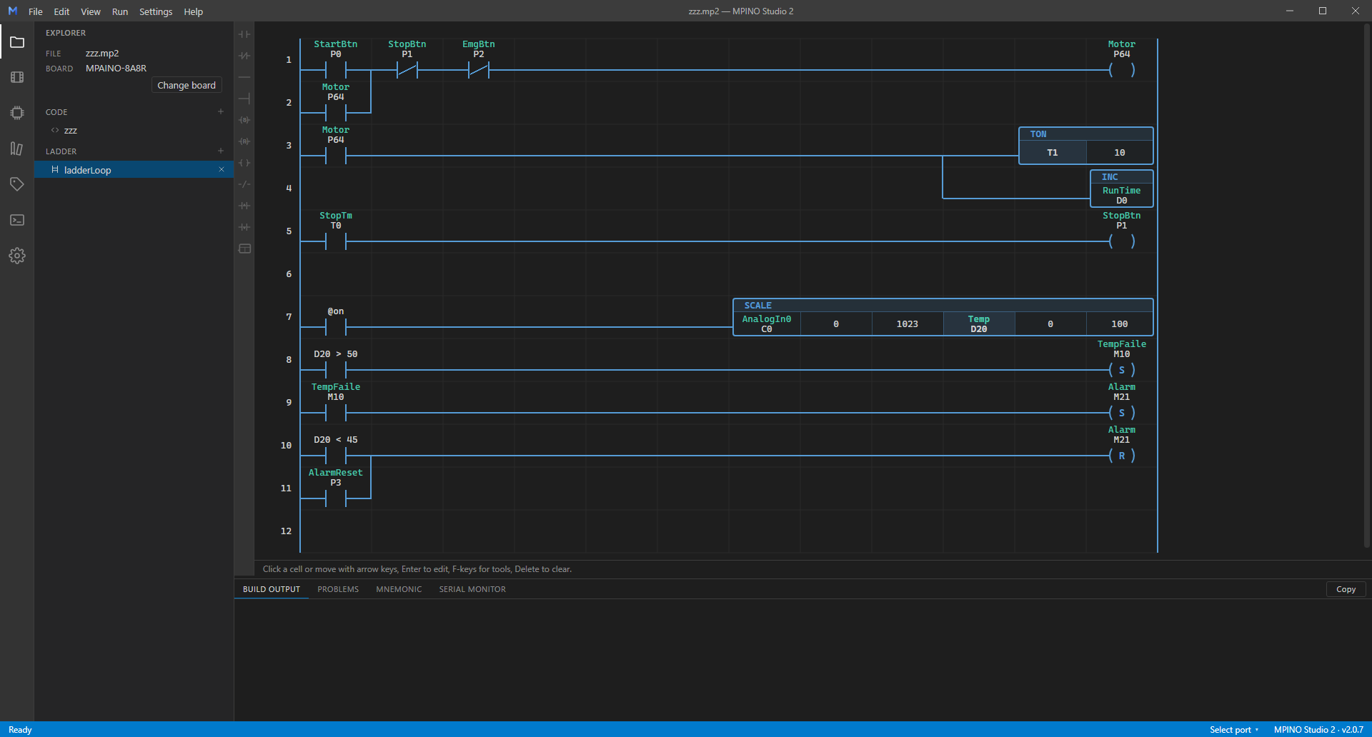 MPINO STUDIO 2 application example showing its left sidebar and ladder diagram