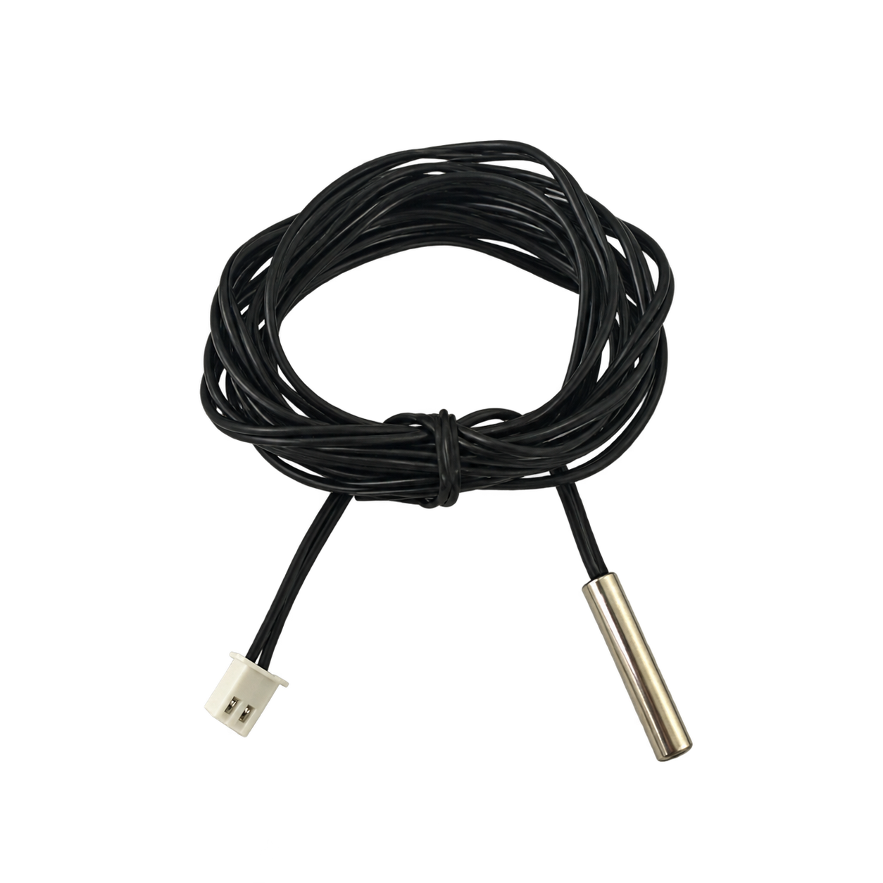 NTC thermistor 3 m — complete black cable with white two-pin connector and stainless-steel probe